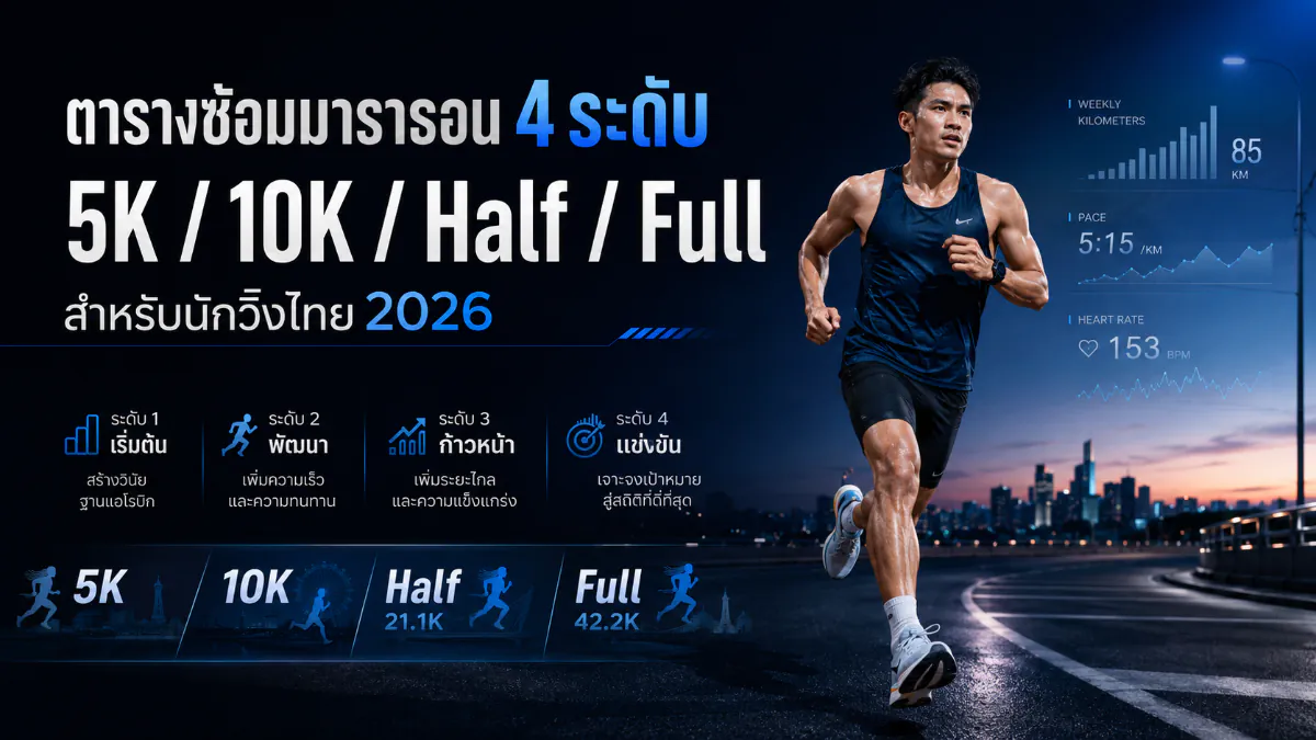 ตารางซ้อมมาราธอน 4 ระดับ 5K/10K/Half/Full สำหรับนักวิ่งไทย 2026