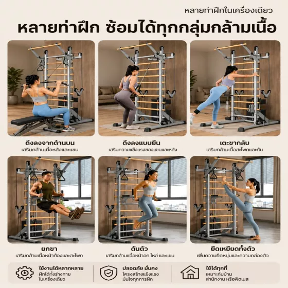 ท่าฝึก Lat Pulldown และ Cable Row บนโฮมยิมรอกคู่ Standing Stall Bar Apex