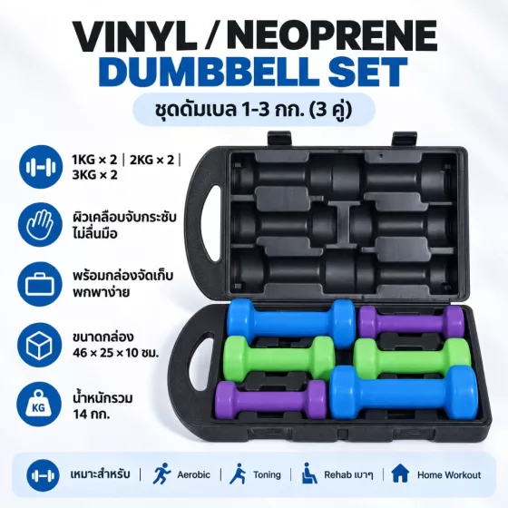 ชุดดัมเบล Vinyl / Neoprene 12 กก. (1/2/3 กก. คู่) สำหรับ Aerobic, Yoga และผู้เริ่มต้น