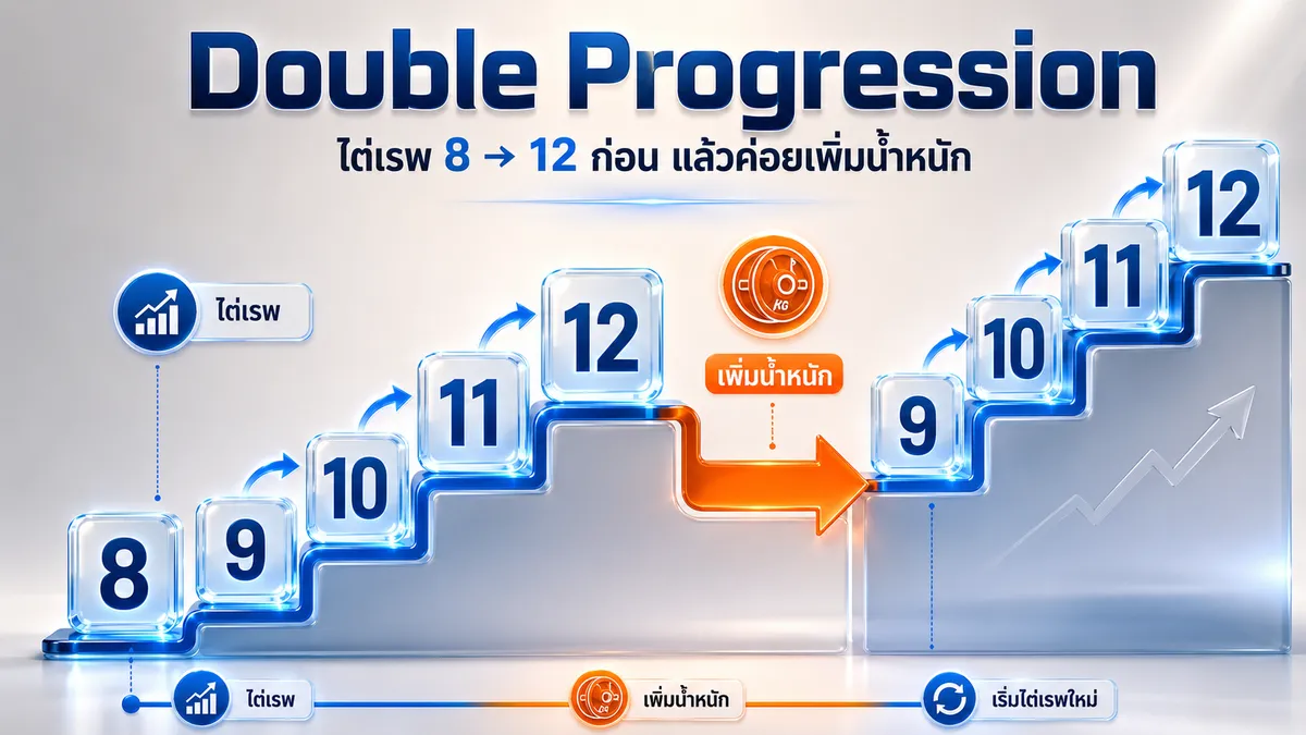 หลัก double progression: ไต่เรพจากล่างขึ้นบนของเรพเรนจ์ก่อน แล้วค่อยเพิ่มน้ำหนักแล้วเริ่มใหม่