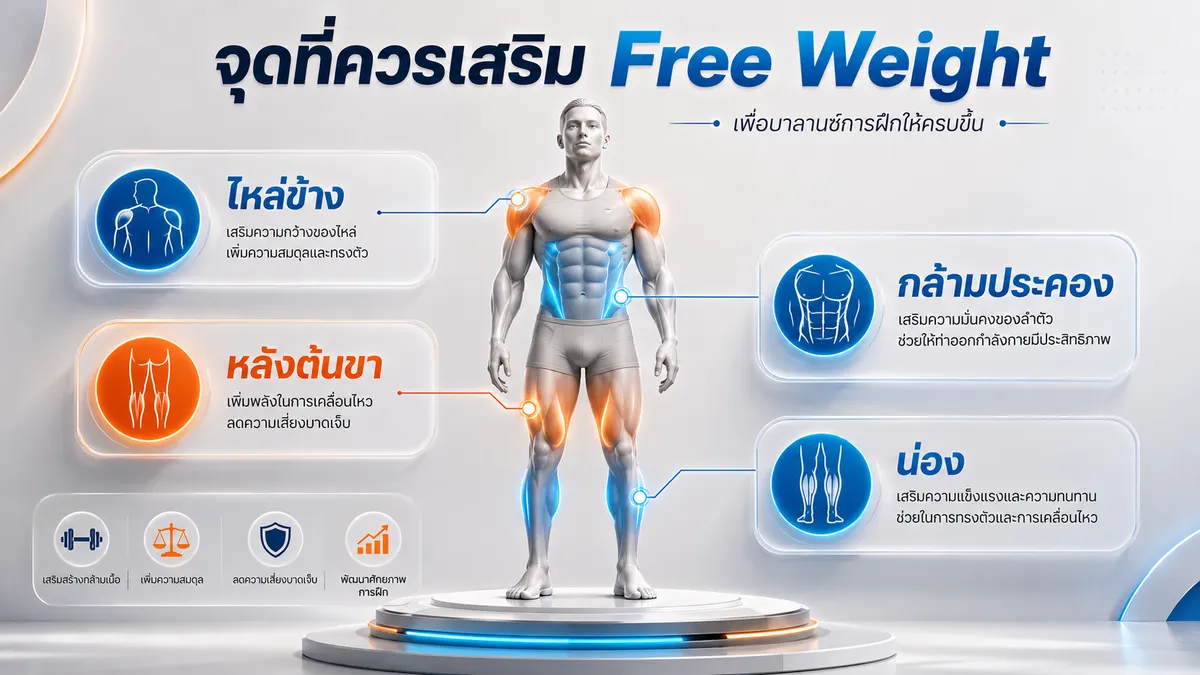 จุดที่ควรเสริมท่า free weight ในโปรแกรม Smith Machine: น่อง หลังต้นขา ไหล่ข้าง และกล้ามประคอง