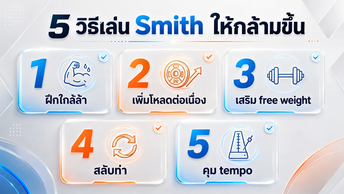 5 วิธีเล่น Smith Machine ให้ได้กล้ามสูงสุด: ฝึกใกล้ล้า, progressive overload, เสริม free weight, สลับท่า, คุม tempo