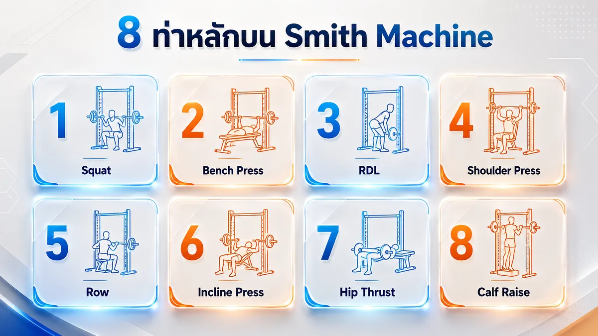 8 ท่าพื้นฐาน Smith Machine สำหรับมือใหม่: Squat, Bench Press, RDL, Shoulder Press, Row, Incline Press, Hip Thrust, Calf Raise