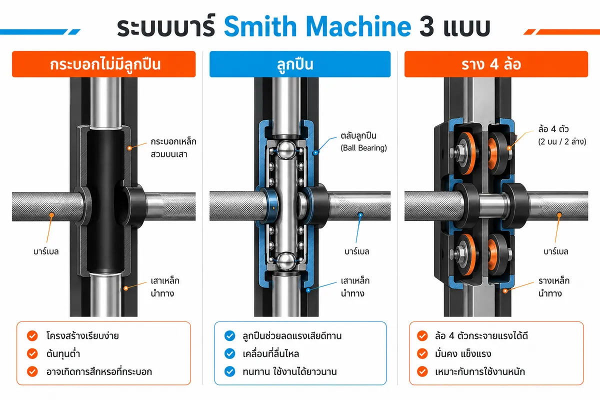 เปรียบเทียบระบบบาร์ Smith Machine 3 แบบ: กระบอกไม่มีลูกปืน ลูกปืน และราง 4 ล้อ