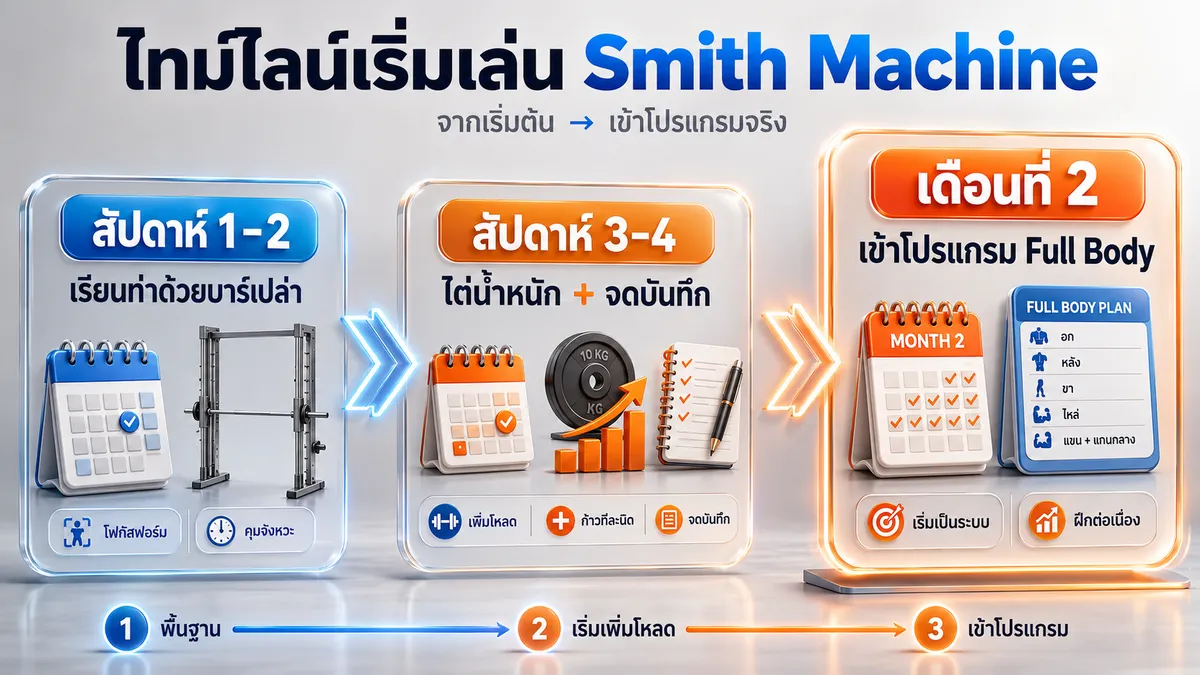 แผนเดือนแรกสำหรับมือใหม่เล่น Smith Machine: สัปดาห์ 1-2 เรียนท่าด้วยบาร์เปล่า สัปดาห์ 3-4 เริ่มไต่น้ำหนัก