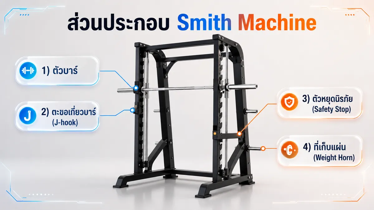 ส่วนประกอบหลักของ Smith Machine ที่มือใหม่ต้องรู้จัก: ตัวบาร์ ตะขอเกี่ยวบาร์ ตัวหยุดนิรภัย และที่เก็บแผ่นน้ำหนัก