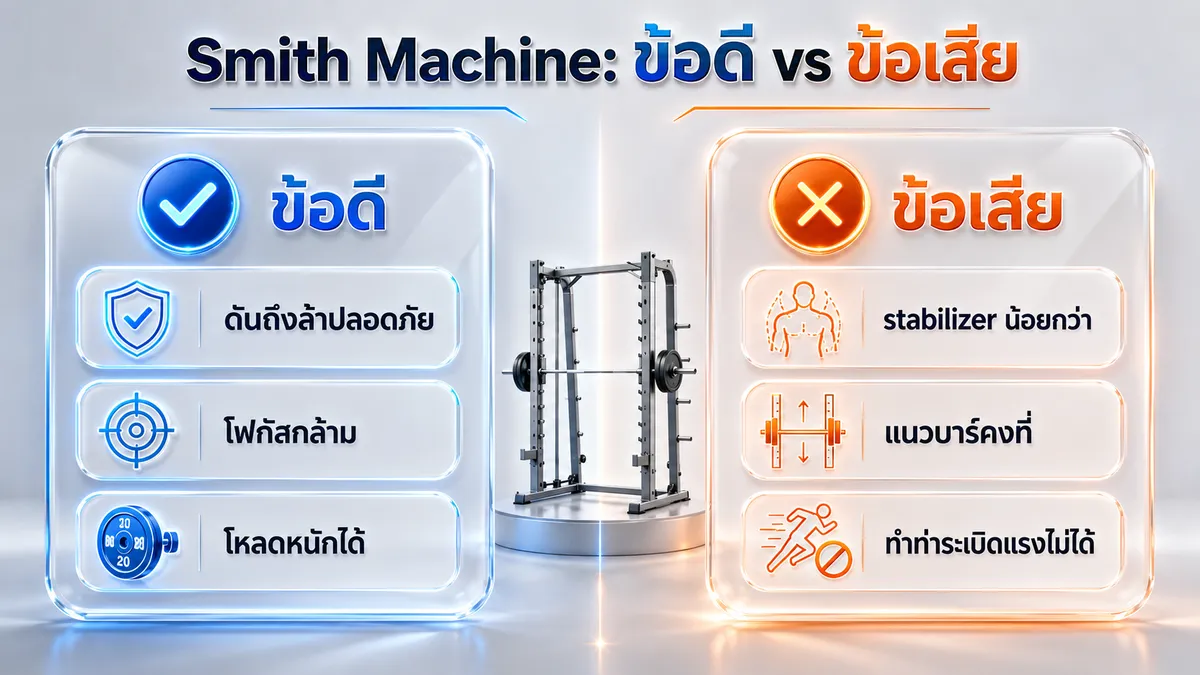 สรุปข้อดีและข้อเสียของ Smith Machine สำหรับการสร้างกล้าม แบบเทียบสองฝั่ง