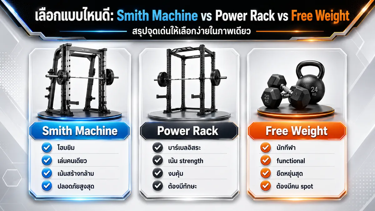 การ์ดสรุปว่า Smith Machine, Power Rack และ Free Weight เหมาะกับใคร