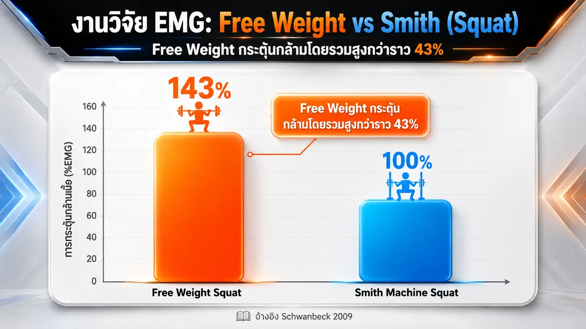 กราฟแท่งเปรียบเทียบการทำงานของกล้ามเนื้อ (EMG) ระหว่าง free weight squat กับ Smith machine squat