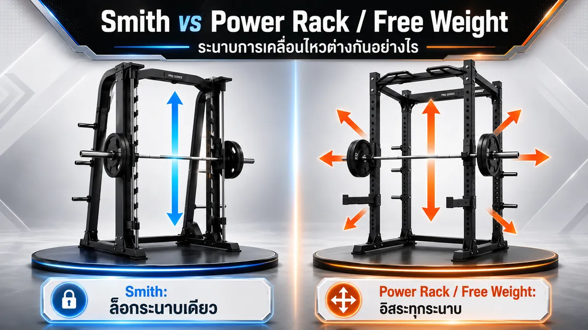 ไดอะแกรมเปรียบเทียบระนาบการเคลื่อนไหว: Smith Machine ล็อกแนวเดียว เทียบกับ Power Rack และ Free Weight ที่เคลื่อนอิสระ