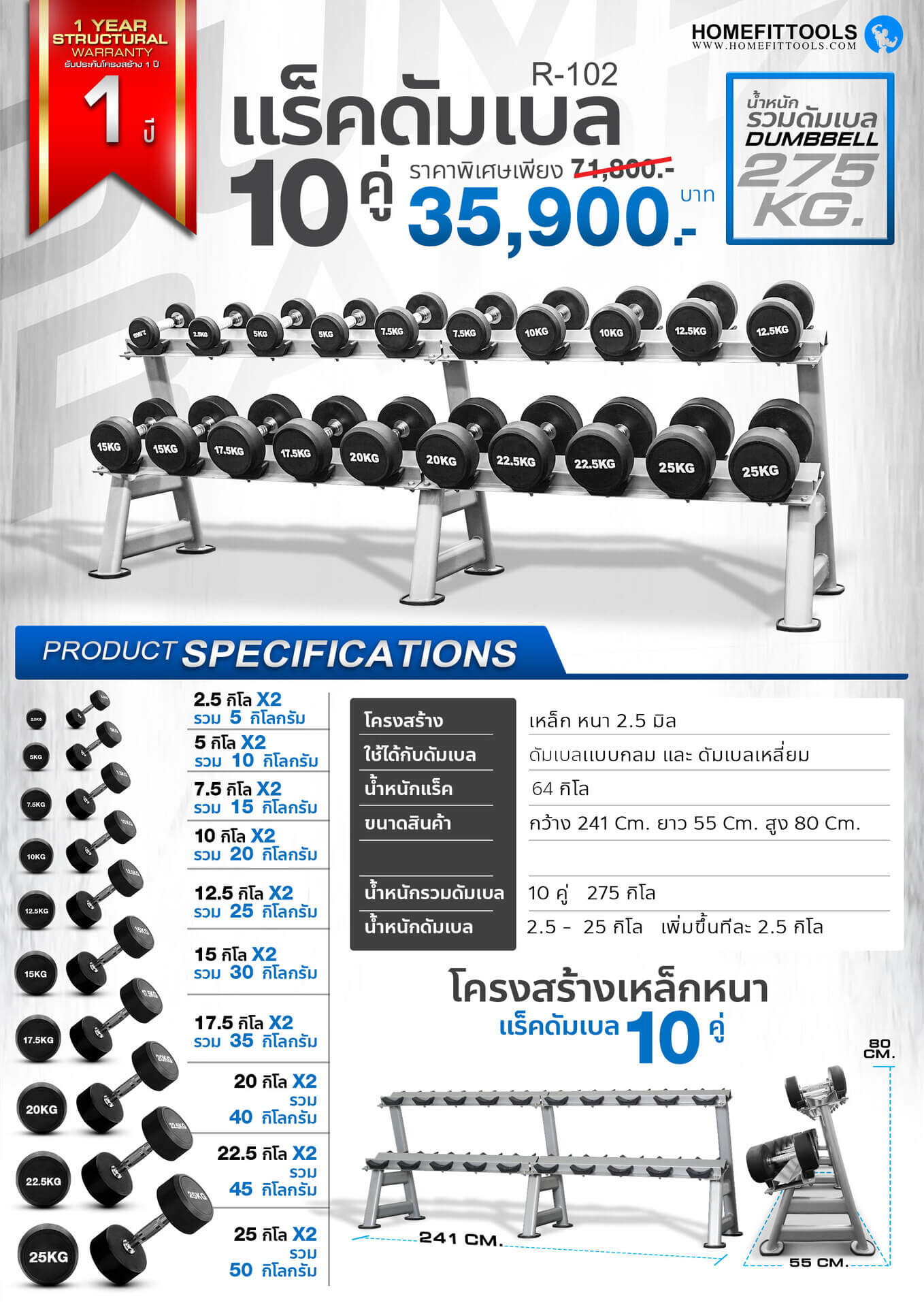 Specs Sheet ข้อมูลแร็ค Rack 10 Dumbbell Rack ชั้นวางดัมเบล