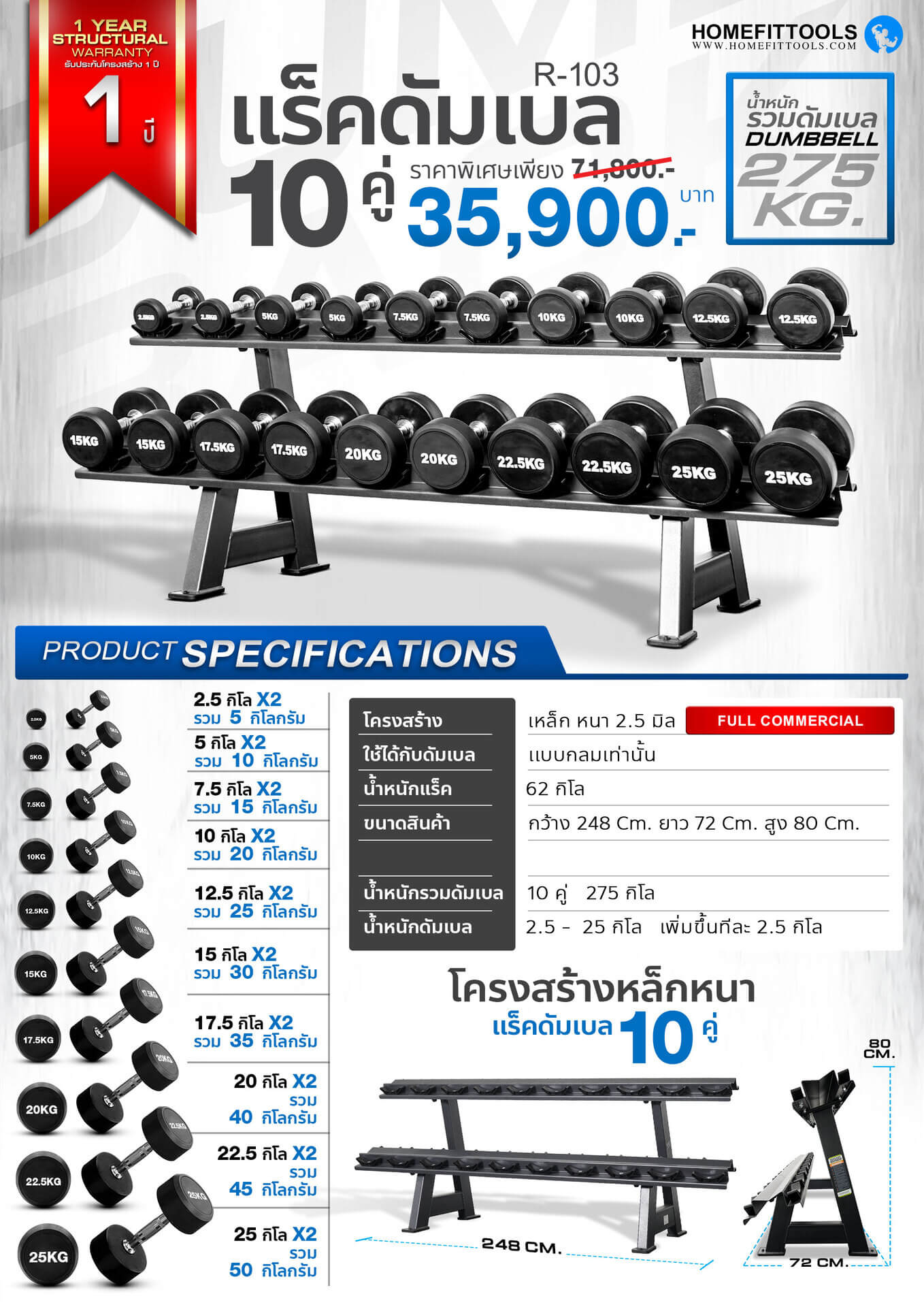 Specs Sheet ข้อมูลแร็ค Rack 10 Dumbbell Rack ชั้นวางดัมเบล แร็คดัมเบล