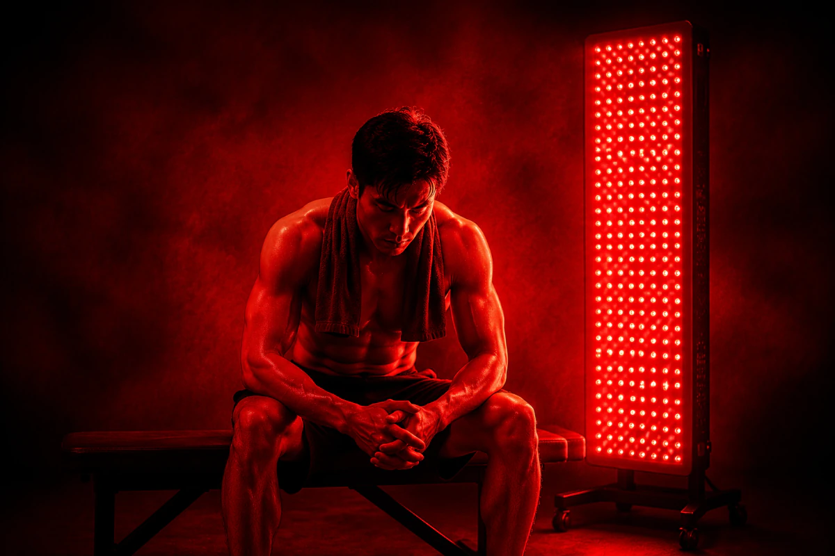 Athlete recovering beside a red light panel