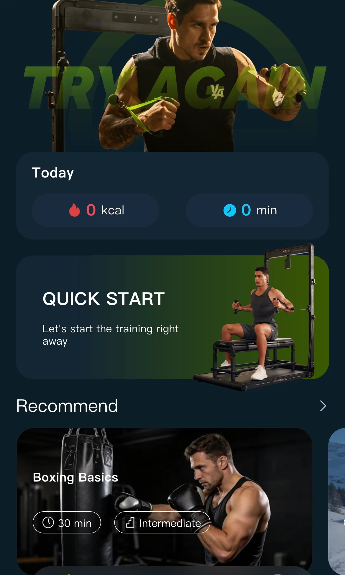 หน้าหลักแอป INNODIGYM แสดง Quick Start และโปรแกรมออกกำลังกาย
