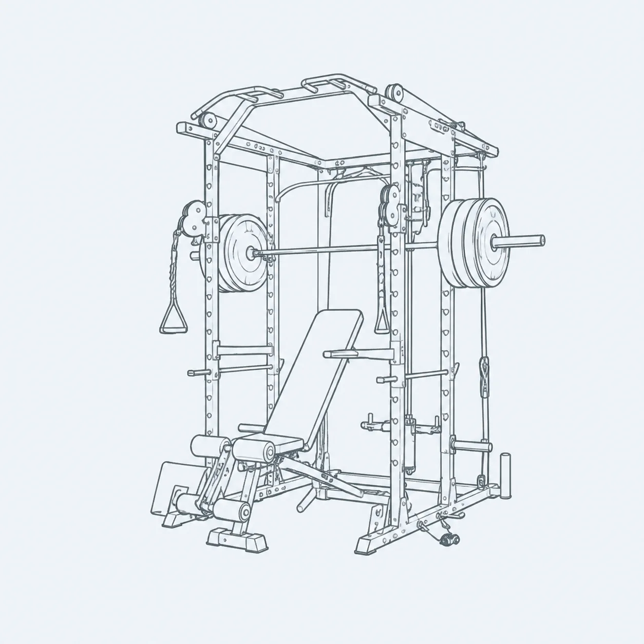 Traditional multi-station home gym line illustration