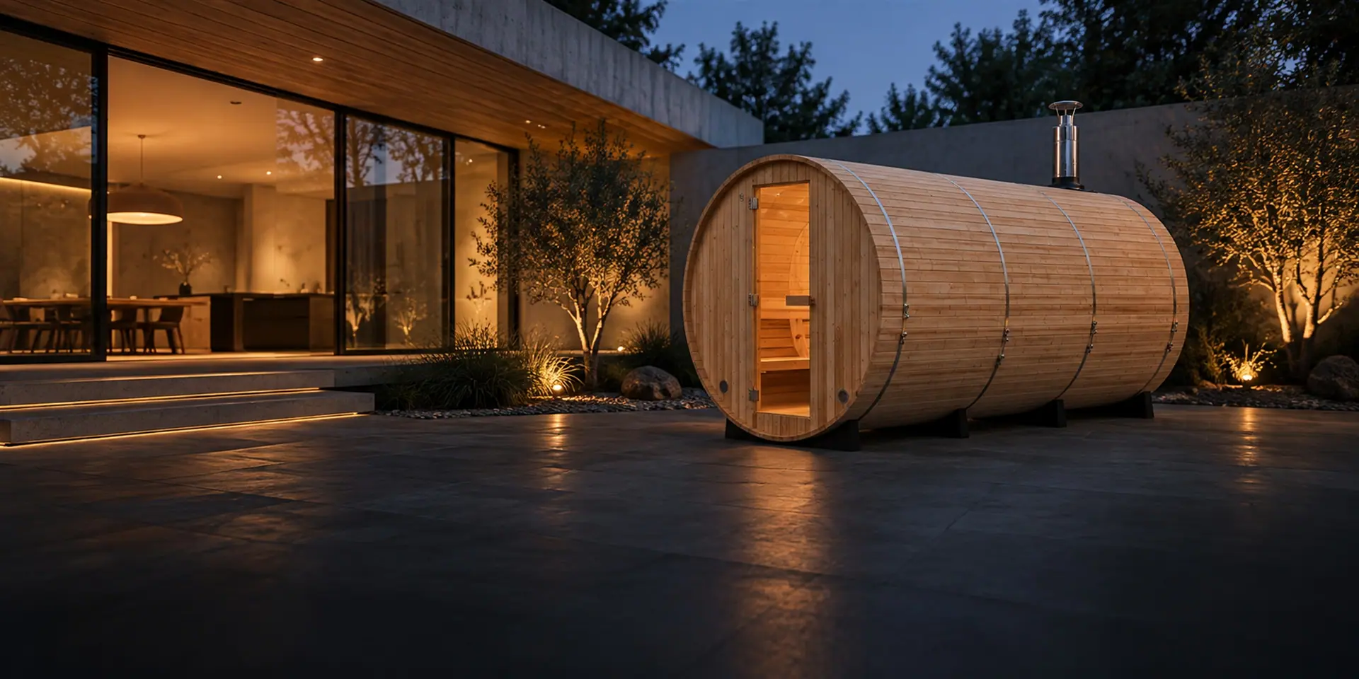 ภาพแนวคิด Barrel Sauna ในพื้นที่พักผ่อน