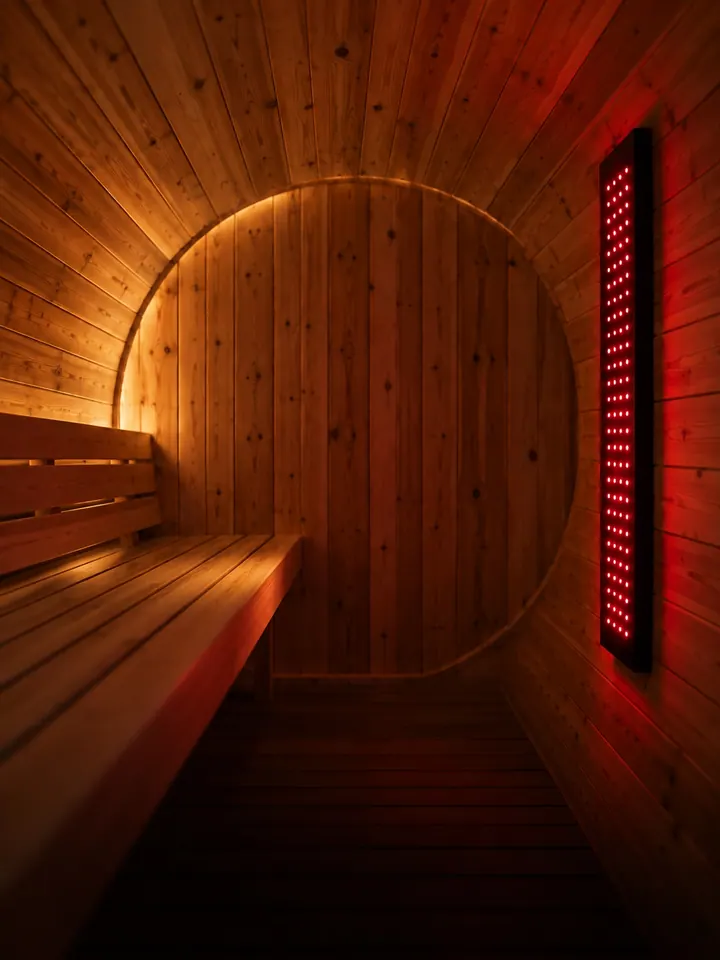 ภาพแนวคิดภายใน Infrared + Redlight Sauna ทรงถังกลม