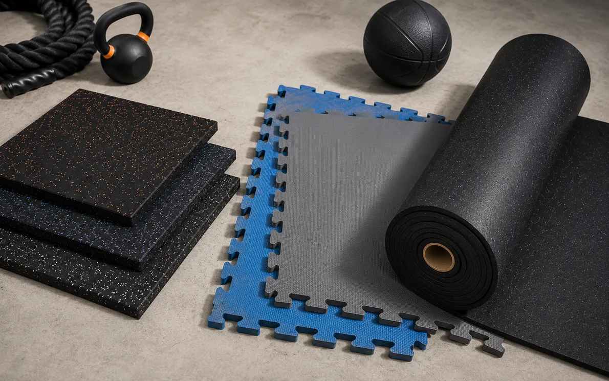 แผ่นยางปูพื้นฟิตเนสครบทุกวัสดุ EPDM EVA และ Rubber Roll เรียงเทียบกัน