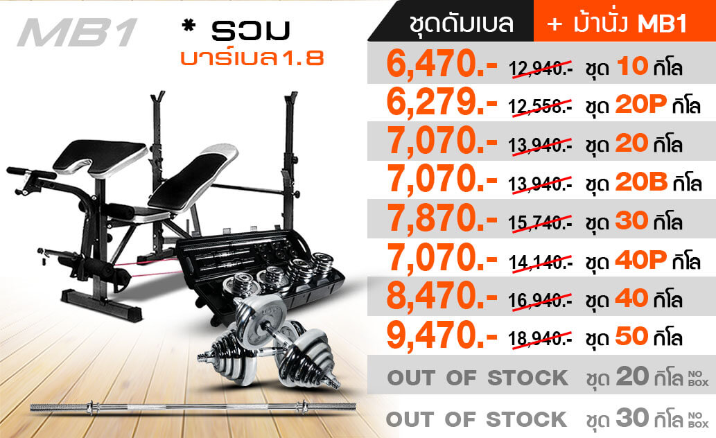 เซ็ทม้านั่งออกกำลังกาย รุ่น MB1 พร้อมดัมเบล ดัมเบลปรับน้ำหนัก